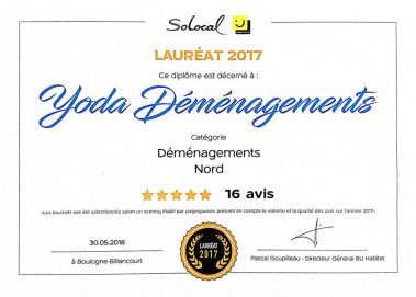 Diplôme Lauréat 2017 Déménagement Nord - Yoda Déménagement